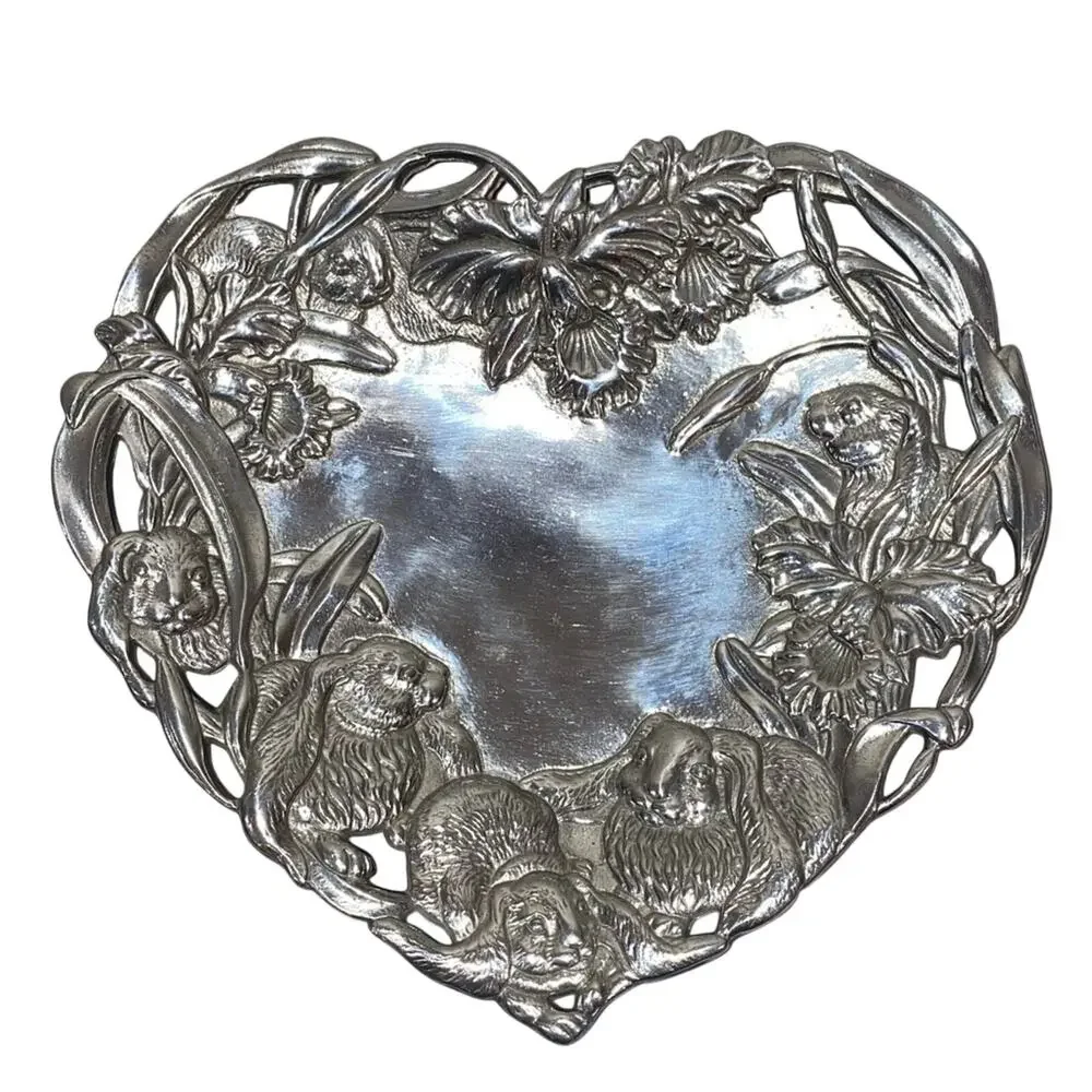 Arthur Court 1993 Bunny Orchid‎ Heart Platter Aluminum Vintage Tray